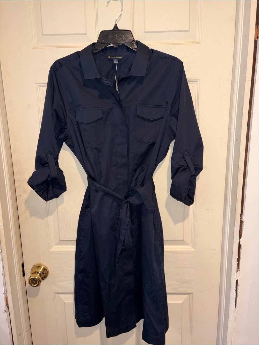 Brooks Brothers Navy Button-Front Shirt Dress with Tie